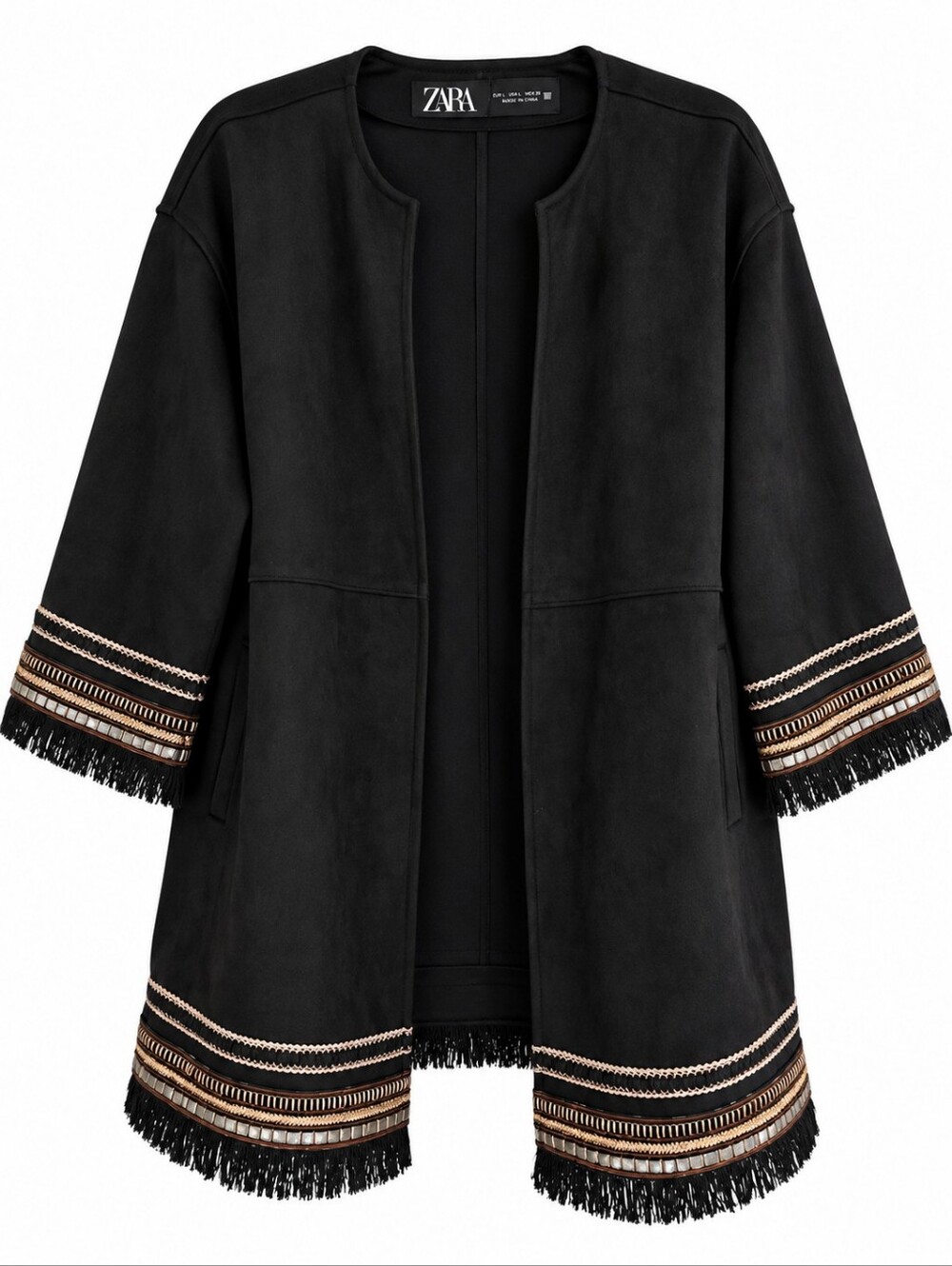 Zara Black Fringe-Trim Open Jacket
